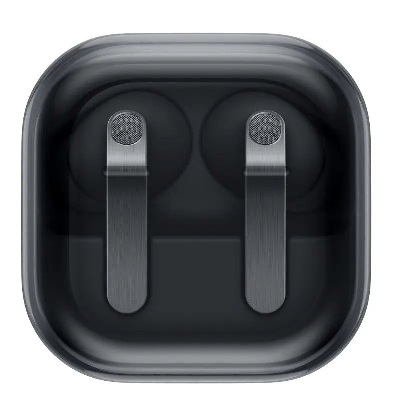 Samsung in-ear wireless earbuds in charging case, black, top view