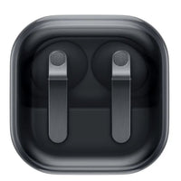 Samsung in-ear wireless earbuds in charging case, black, top view