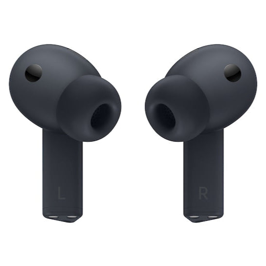 Wireless earbuds in dark finish, left and right tips facing forward