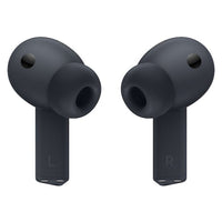 Wireless earbuds in dark finish, left and right tips facing forward