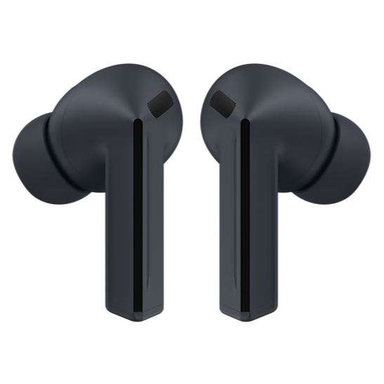 Wireless earbuds with black charging stems and dark silicone tips, front view