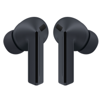 Wireless earbuds with black charging stems and dark silicone tips, front view