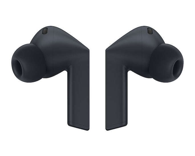 Dark wireless earbuds shown from the side with short stems and silicone tips