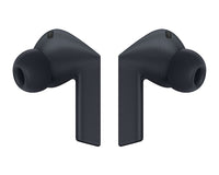 Dark wireless earbuds shown from the side with short stems and silicone tips