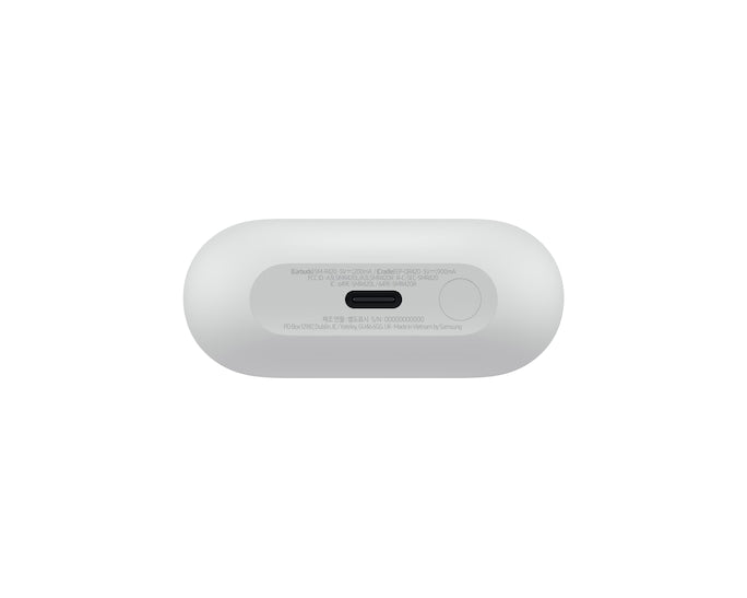 Gray charging case bottom with charging port and regulatory labels
