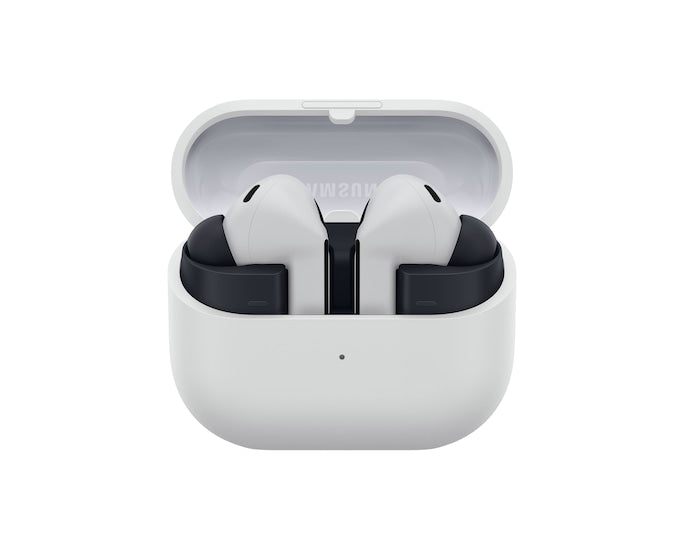 Open gray case showing two earbuds with white housings and black accents