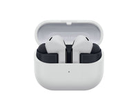 Open gray case showing two earbuds with white housings and black accents