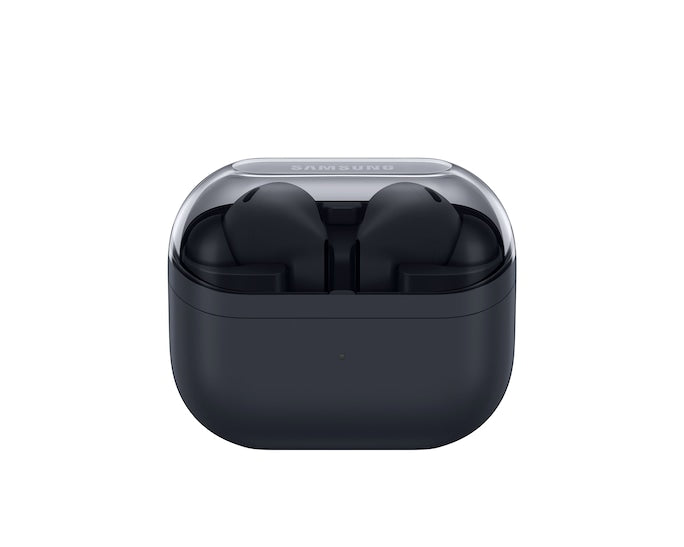 Dark wireless earbud case with glossy top and earbuds resting inside