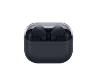 Dark wireless earbud case with glossy top and earbuds resting inside