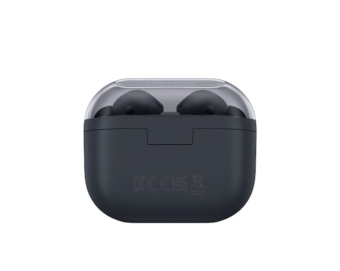 Dark wireless earbud case back view with embossed regulatory icons