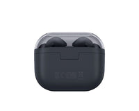 Dark wireless earbud case back view with embossed regulatory icons