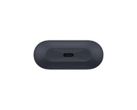 Dark wireless earbud case bottom with charging port cutout and label markings