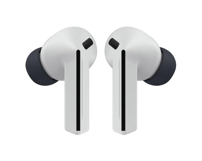 Wireless earbuds in light gray finish with black silicone tips, front view
