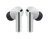 Wireless earbuds in light gray finish with black silicone tips, front view