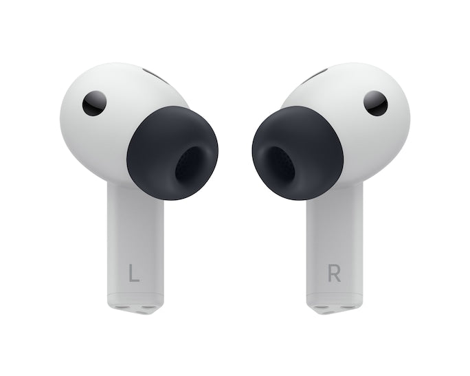 Light gray wireless earbuds with dark tip openings facing forward
