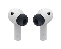 Light gray wireless earbuds with dark tip openings facing forward