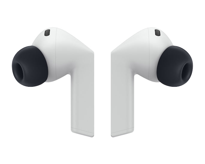 Light gray wireless earbuds shown from the side with black silicone ear tips