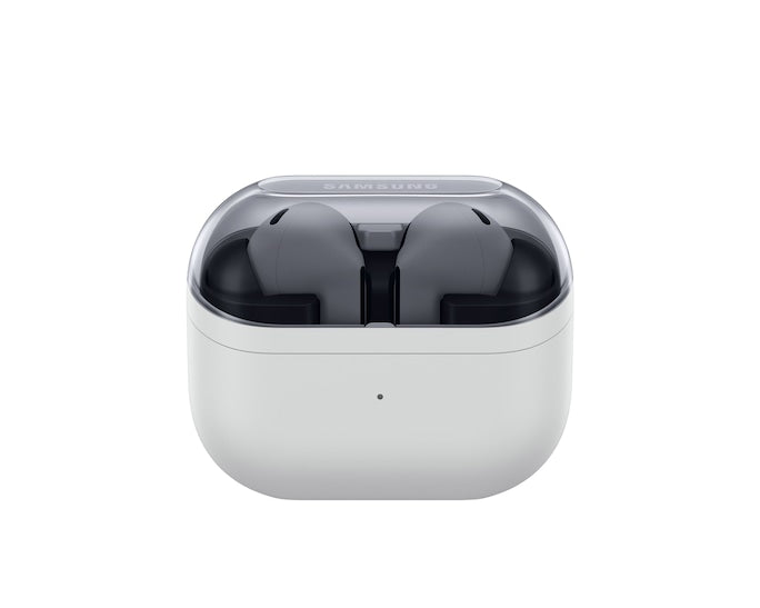 Light gray wireless earbud case with earbuds inside, top lid open