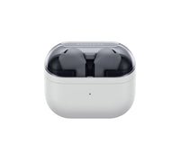 Light gray wireless earbud case with earbuds inside, top lid open