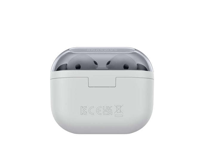 Gray Galaxy Buds3 FE charging case, earbuds visible with dark ear tips