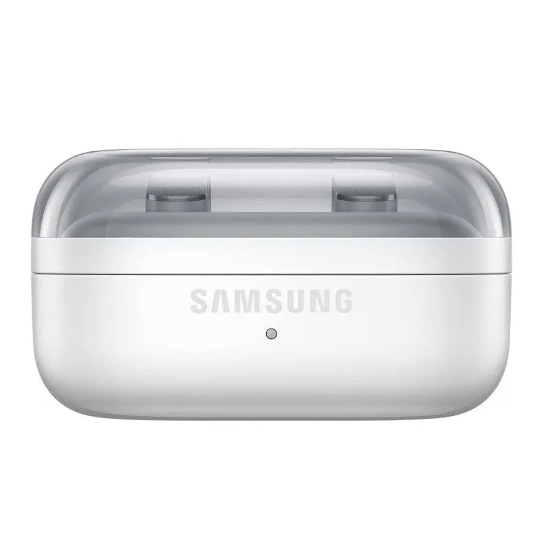 White charging case for Samsung wireless earbuds, front close-up
