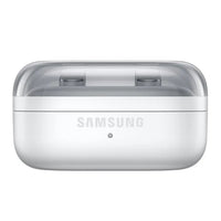 White charging case for Samsung wireless earbuds, front close-up