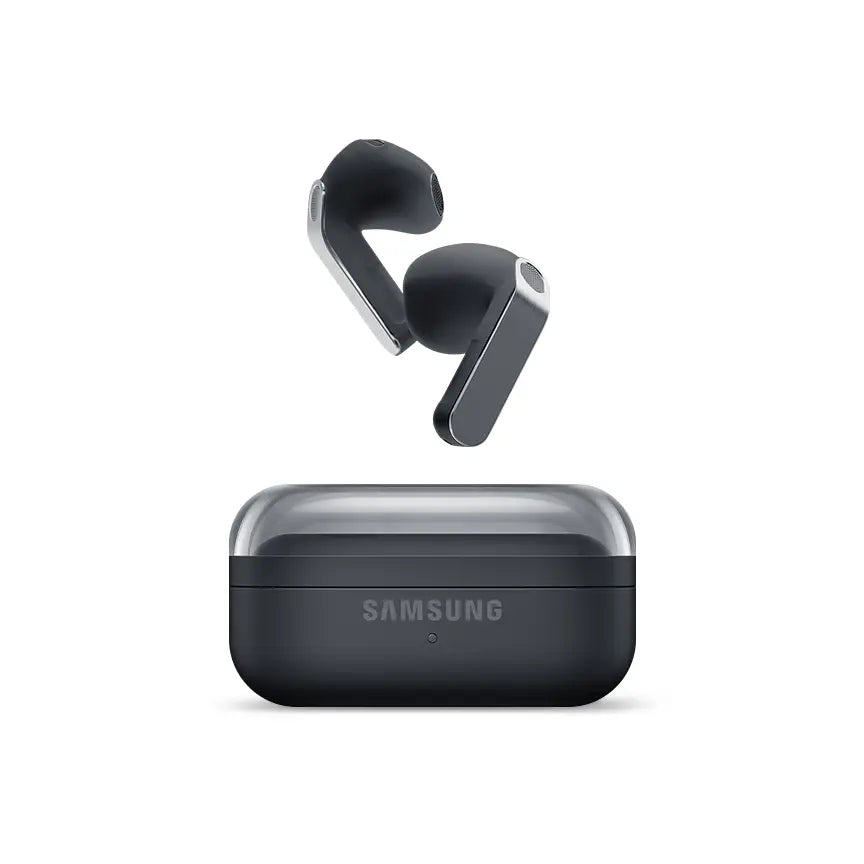 Black Samsung wireless earbuds with charging case, earbuds upright