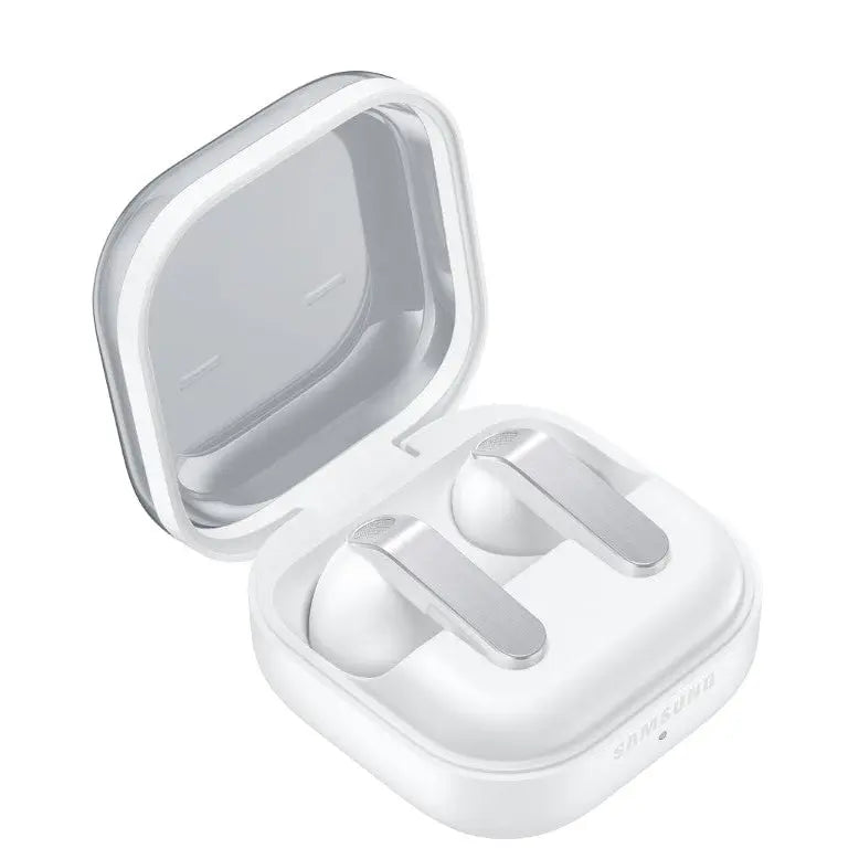 White Samsung wireless earbuds charging case open, two earbuds seated