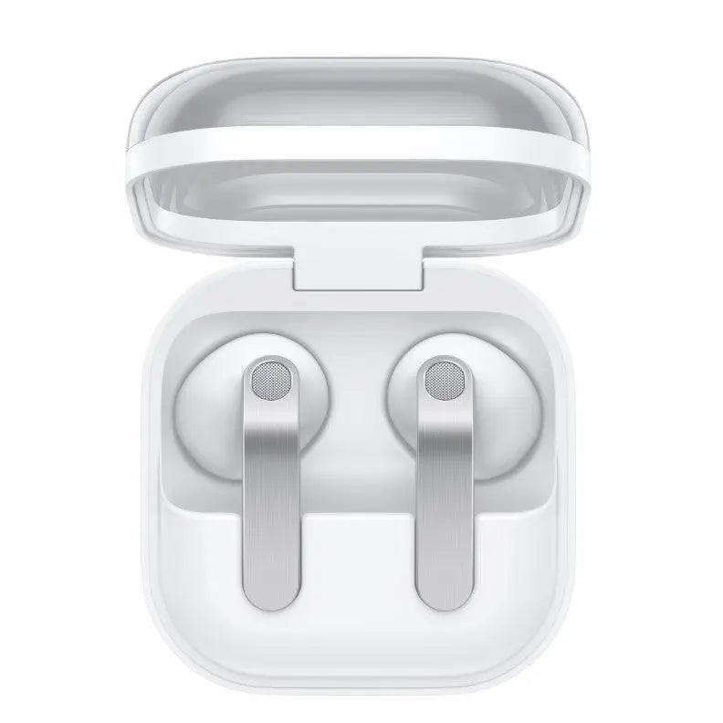 White Samsung wireless earbuds in open case, front view