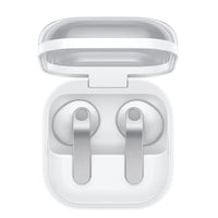 White Samsung wireless earbuds in open case, front view
