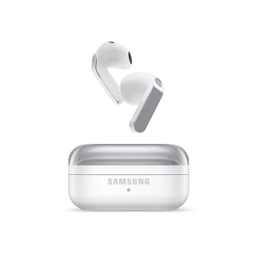 Samsung wireless earbuds in white with charging case, earbuds partially out