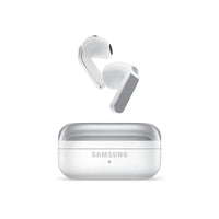 Samsung wireless earbuds in white with charging case, earbuds partially out