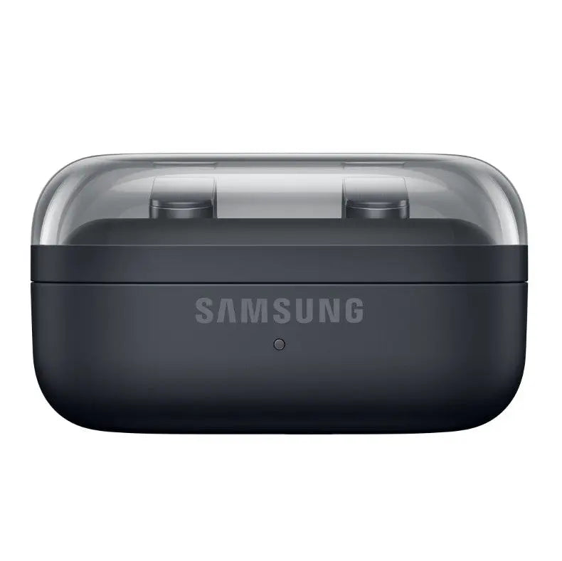 Black Samsung wireless earbuds charging case, front close-up