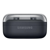 Black Samsung wireless earbuds charging case, front close-up