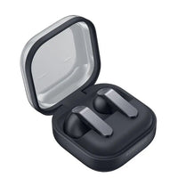 Black Samsung wireless earbuds charging case open, earbuds shown