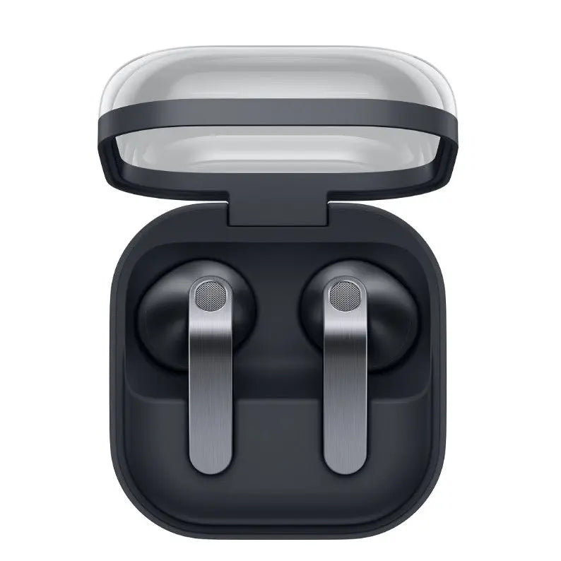 Black Samsung wireless earbuds in open case, front view