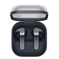 Black Samsung wireless earbuds in open case, front view