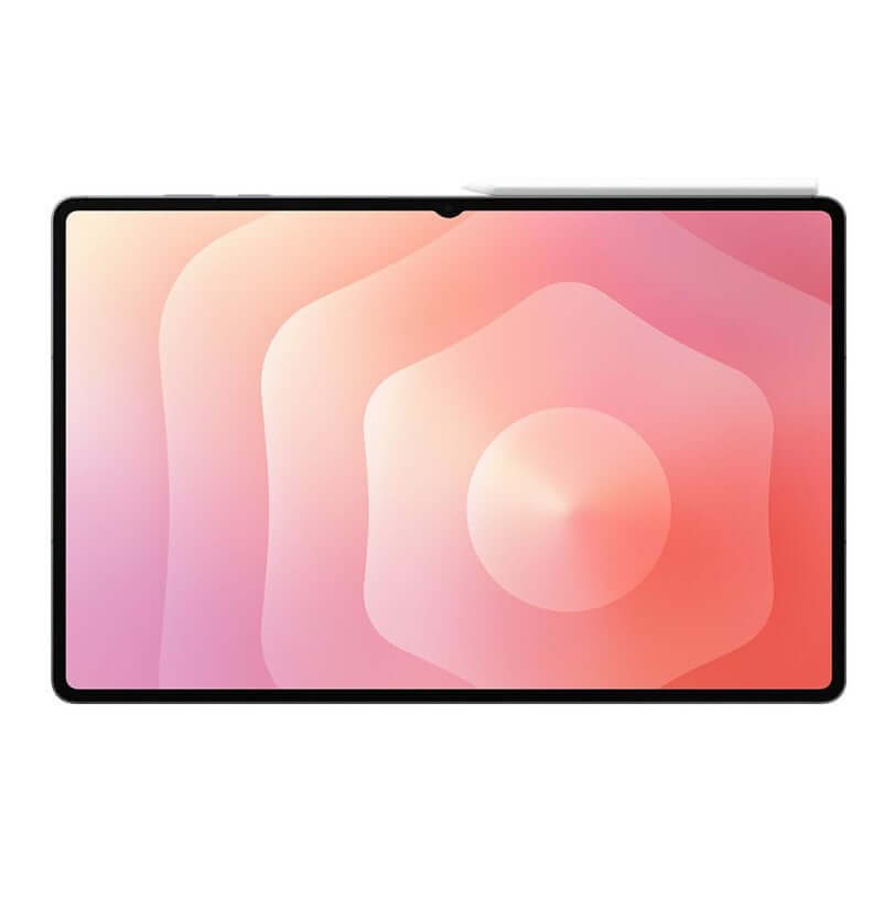 Samsung Galaxy Tab S11 Ultra tablet front view, screen on with abstract pink/purple display