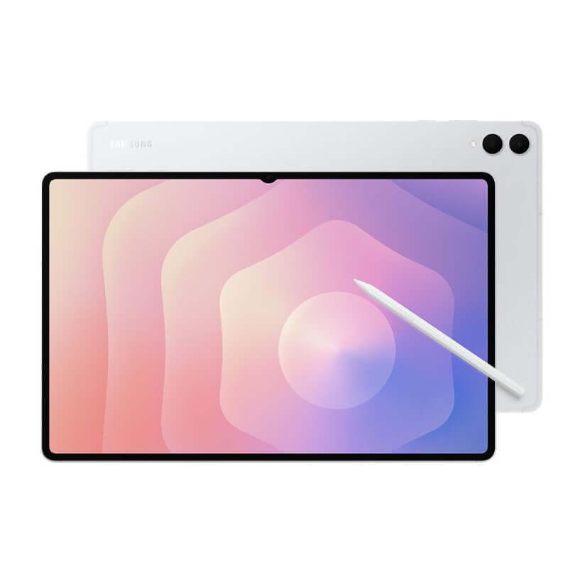 Samsung Galaxy Tab S11 Ultra in silver with front display on and S Pen across screen