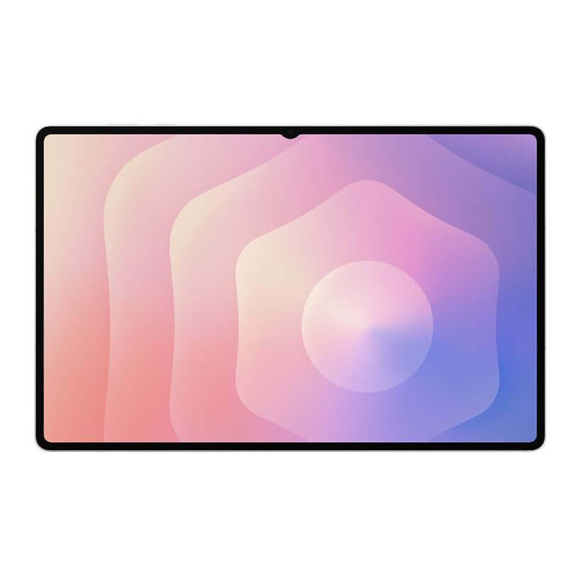 Samsung Galaxy Tab S11 Ultra tablet front view, screen on with purple-blue abstract wallpaper