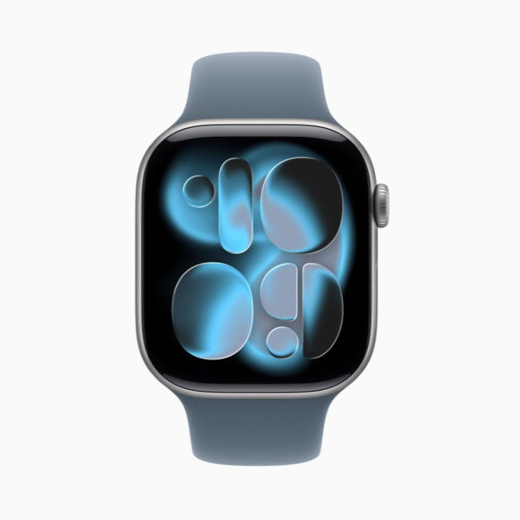 Apple Watch Series 11 aluminum case, dark blue band, blue glowing watch face