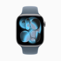 Apple Watch Series 11 aluminum case, dark blue band, blue glowing watch face
