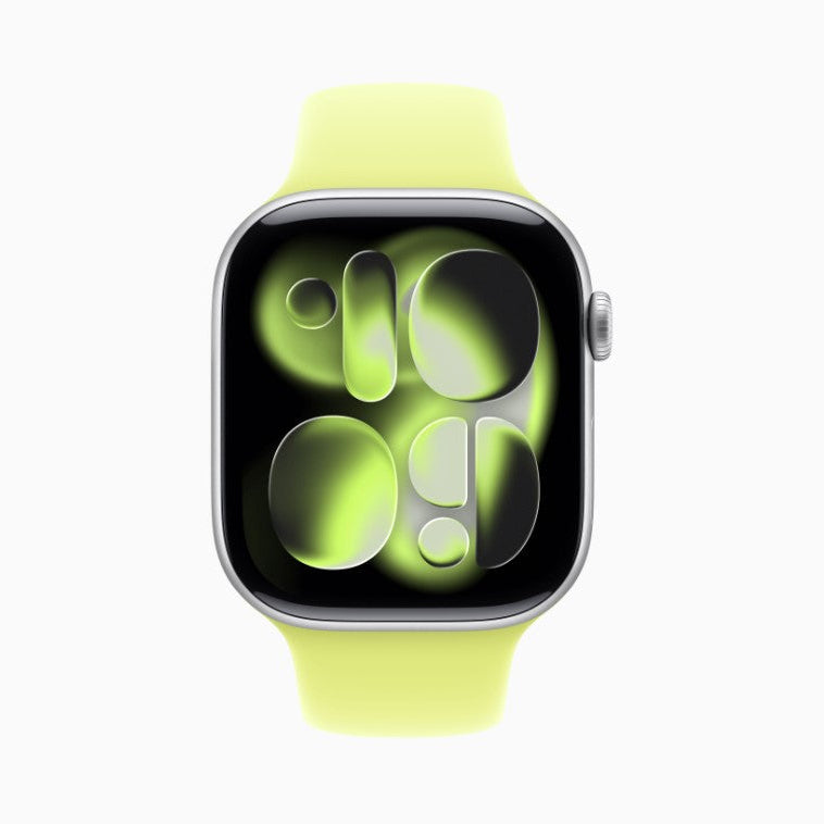 Apple Watch Series 11 aluminum case, bright yellow band, green glowing watch face