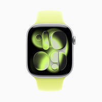 Apple Watch Series 11 aluminum case, bright yellow band, green glowing watch face