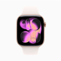 Apple Watch Series 11 rose-gold aluminum case, white band, purple glowing watch face