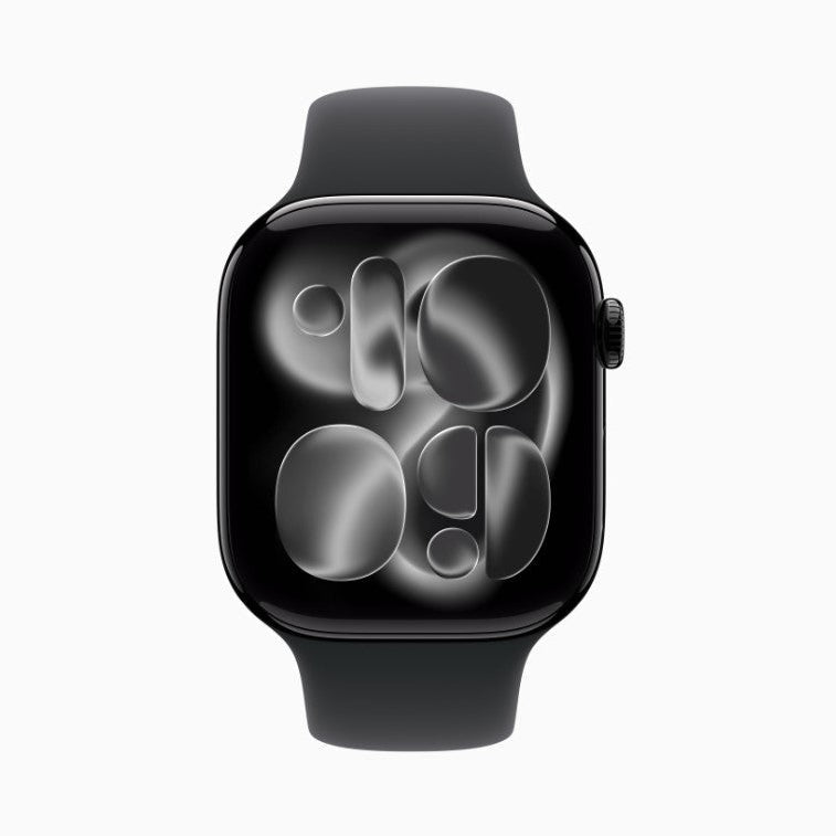 Apple Watch Series 11 aluminum case, black band, monochrome gray glowing watch face