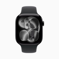 Apple Watch Series 11 aluminum case, black band, monochrome gray glowing watch face