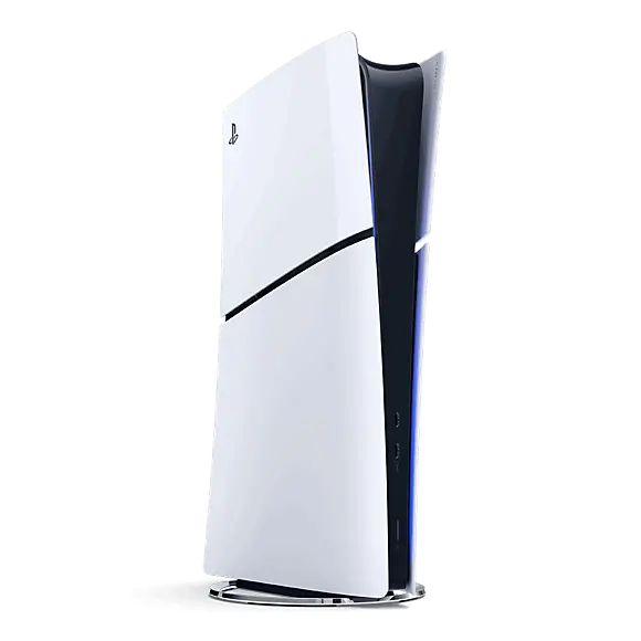 White PlayStation 5 Slim console with black stripe and standing base