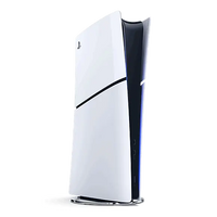 White PlayStation 5 Slim console with black stripe and standing base