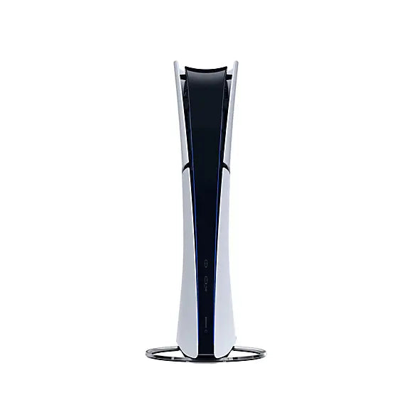 PlayStation 5 Slim console on stand with white body and black center stripe
